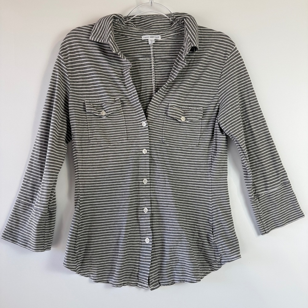 James Perse Button Down Shirt Womens 3 Gray Striped Cotton 3/4 Sleeve WCS3826 - Picture 2 of 15